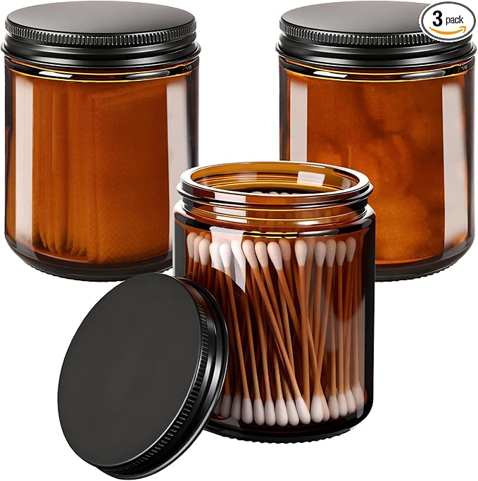 Vitreaux 8oz Amber Glass Jars with Airtight Lids (3 Pack) - Empty Candle Jars for Candle Making,Cosmetic Jars for Creams,Spice,Lotions & Salve