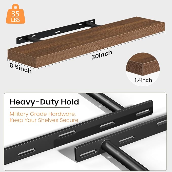 Fun Memories Floating Shelves for Wall, 30 Inch Set of 2 Rustic Wood Wall Shelves with Invisible Brackets, Heavy Duty Storage Display for Living Room Bedroom Kitchen, Walnut