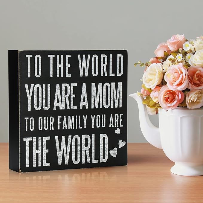 TJ.MOREE Birthday Gifts for Mom, Christmas Gift for Mother 6x6 Wood Box Sign “To the World You Are a Mom, But to Our Family You Are the World” Rustic Home Décor – Mother’s Day Gifts from Son, Daughter