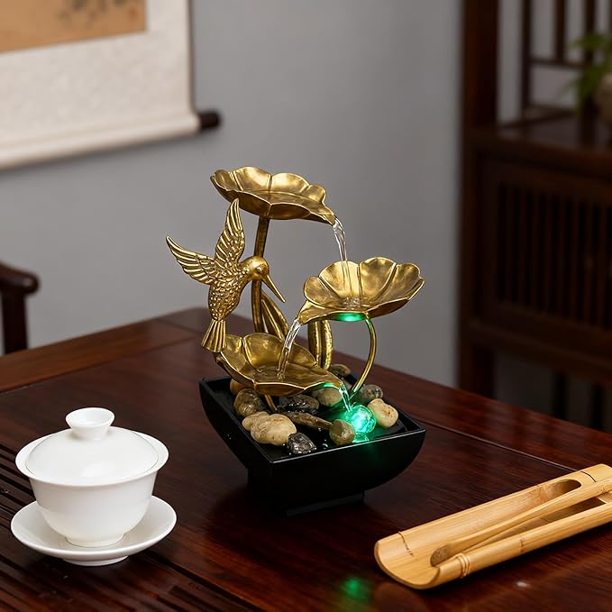 AOZITA Tabletop Fountain, Indoor Waterfall Fountain, Small Home Décor Zen Relaxation Soothing Sound Machine for Office, Living Room, or Bedroom, Bronze Metal Lotus with Hummingbird, River Rocks, LED
