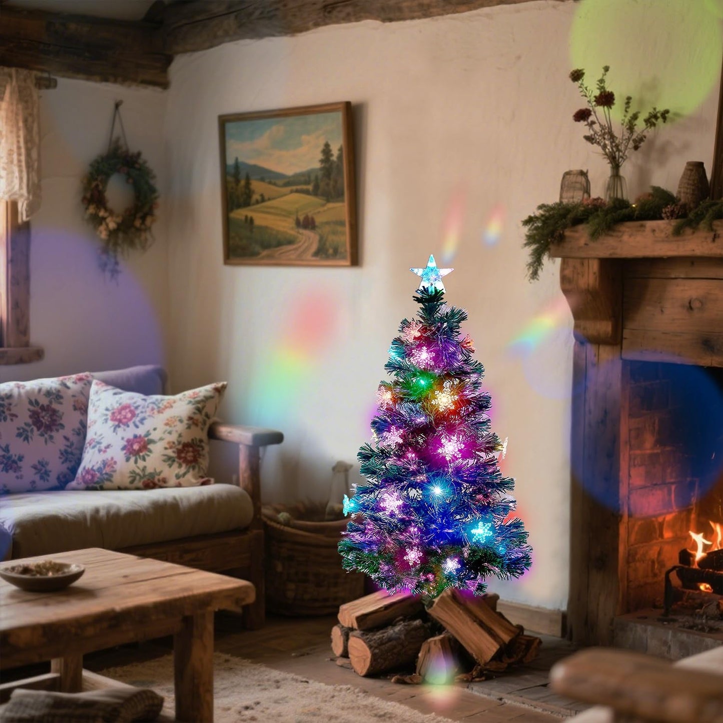 Juegoal 3 ft Pre-Lit Green Artificial Christmas Tree, Lighted Optical Fiber Table Mini Xmas Trees with Color Changing Lights, Snowflakes & Top Star, Fake Multicolored Tree for Festive Party Holiday