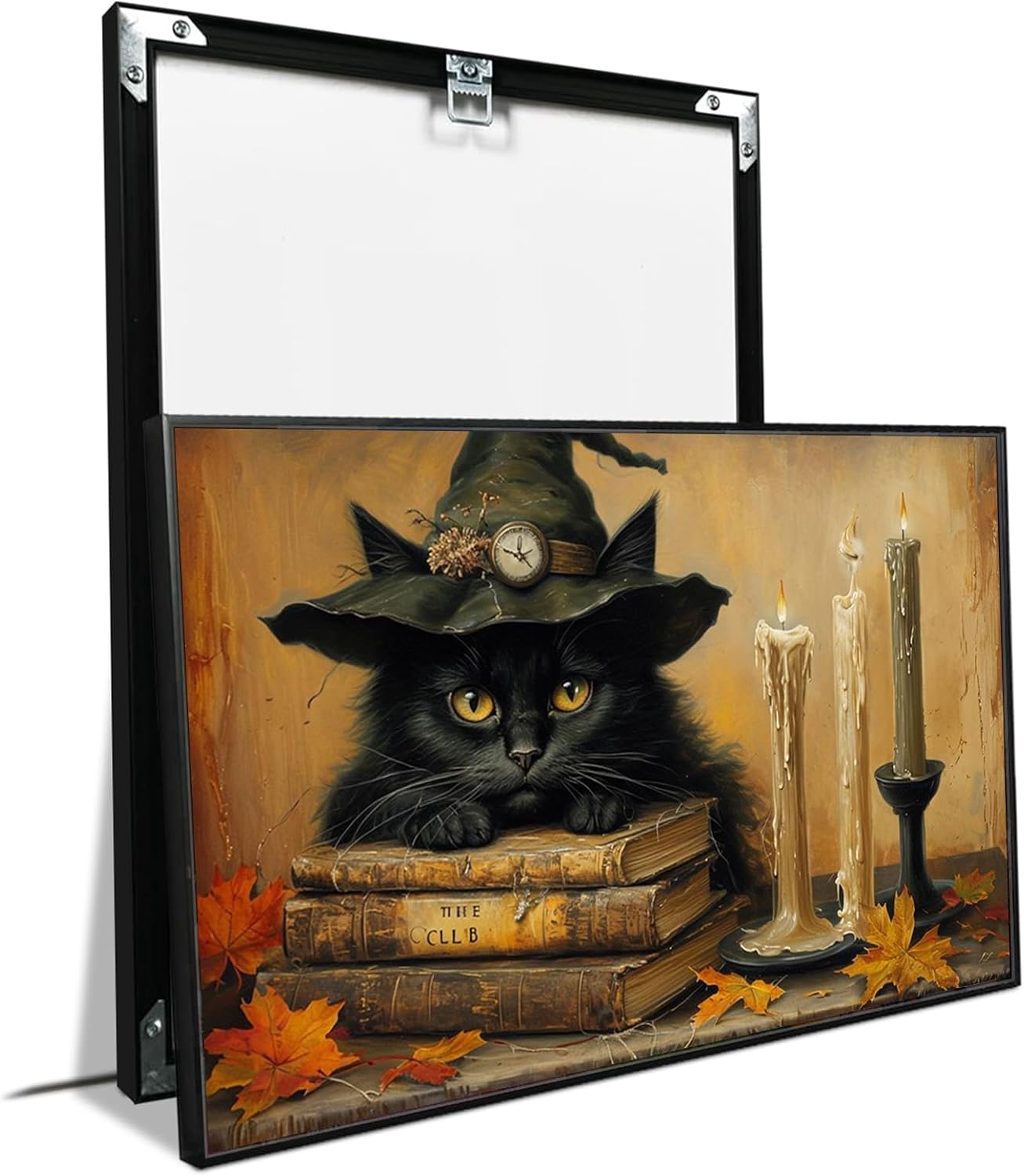 JFHCQJPK Vintage Halloween wall decoration black cat and magic book suitable for home bedroom living room decoration dark classic art witch wall decoration12x16in Metal blackFramed