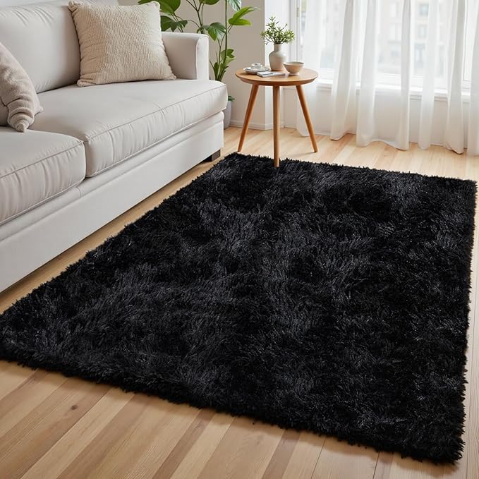 4x6 Area Rug for Living Room, Ultra Soft Fluffy Shag Rugs for Bedroom, Non-Slip Large Fuzzy Plush Rug Indoor Floor Carpet for Nursery Kids Office Dorm Modern Decor, Black