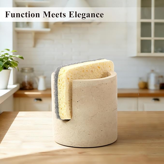 Natural Marble Sponge Holder, Sink Caddy for Kitchen Counter, Marble Decor Dish Sponge Holder with Anti-Slip Pad for Kitchen Sink Countertop, Fast Drying Rack, Sponge Caddy - Travertine