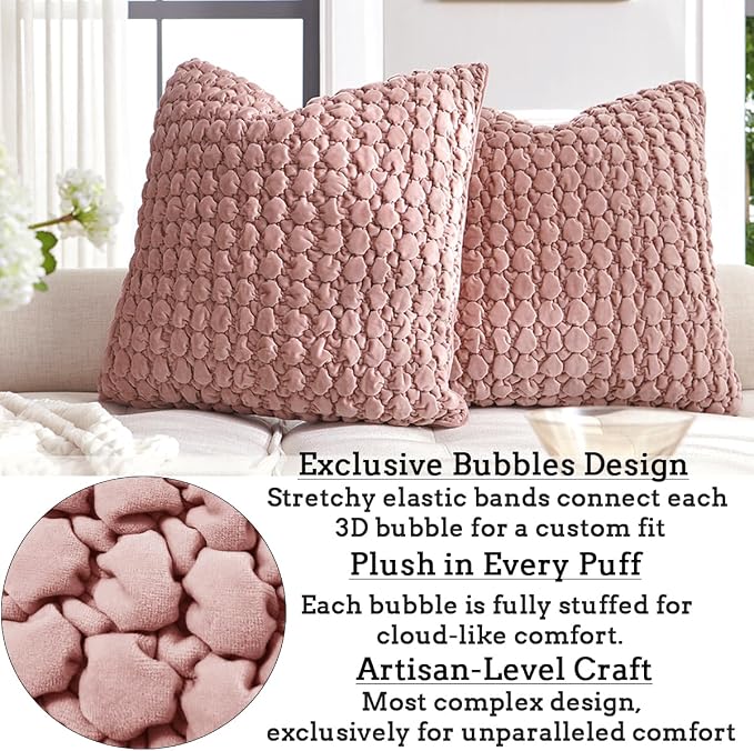 Pillow Covers 24x24 Set of 2 Velvet Euro Shams Decorative Farmhouse Pillowcases Boho Square Cushion Covers Soft Bubble Texture for Couch Sofa Bed Bedroom Car Living Room,Pink