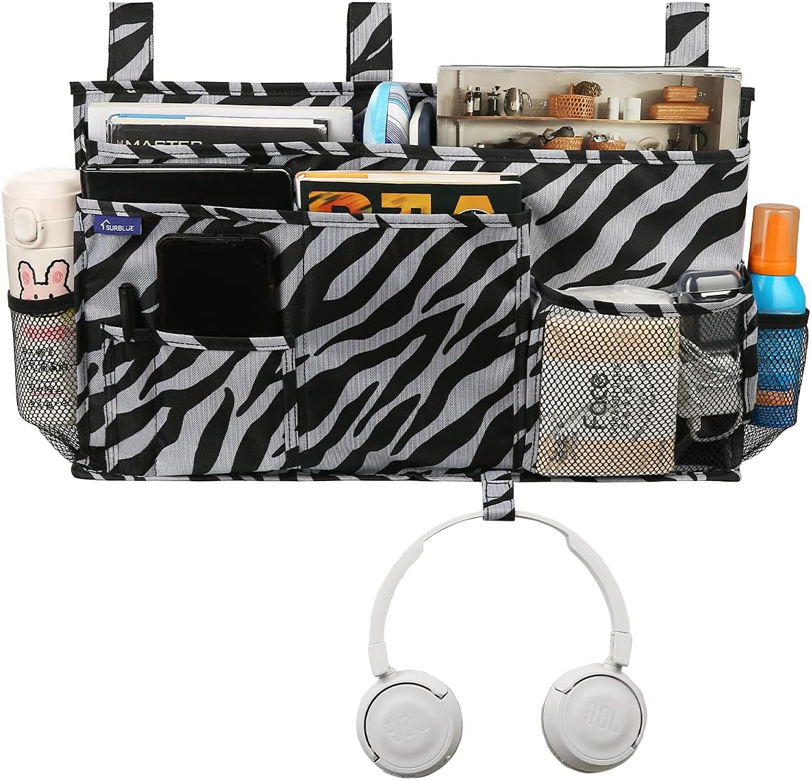 Surblue Bedside Caddy Hanging Organizer Storage Bag Pocket for Bunk, Hospital, College Dorm Rooms, Baby Bed Rails, Camp - 8 Pockets (Large, Zebra)