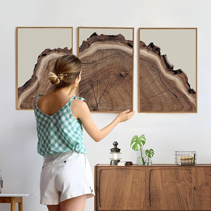 SIKERIC Framed Nature Tree Ring Wall Art, (24X36 inch) Modern Wood Stump Canvas Wall Art Set Of 3,Large Wood Tree Spiral Art Prints, Abstract Wall Painting for Living Room, Bedroom, Office