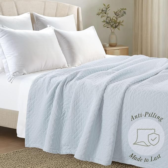 Threadmill Luxury Cotton Blankets for King Size Bed | All-Season Cozy 100% Cotton Blanket | Criss Cross Jacquard Soft Lightweight Coverlet, fits California King Size Bed, 104x92 | Light Blue