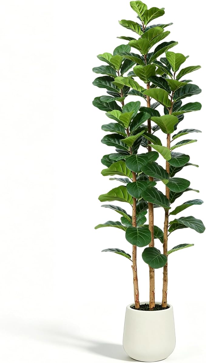 6ft Fake Fiddle Leaf Fig Tree, Realistic Fake Plants with Natural-Looking Trunk, Evergreen Faux Plants Indoor for Home & Office Decor（3 Poles, White Pot）