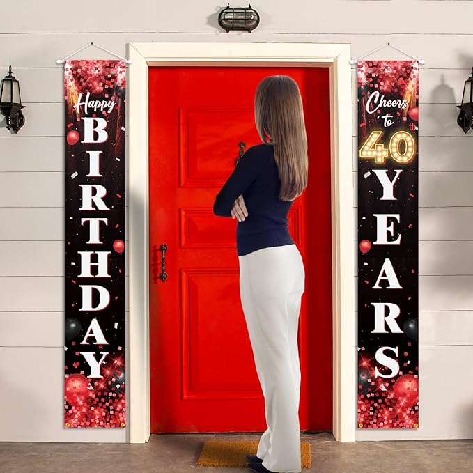 Happy 40th Birthday Porch Sign Door Banner Decor Red and Black – Glitter Cheers to 40 Years Old Birthday Party Theme Decorations for Men Women Supplies