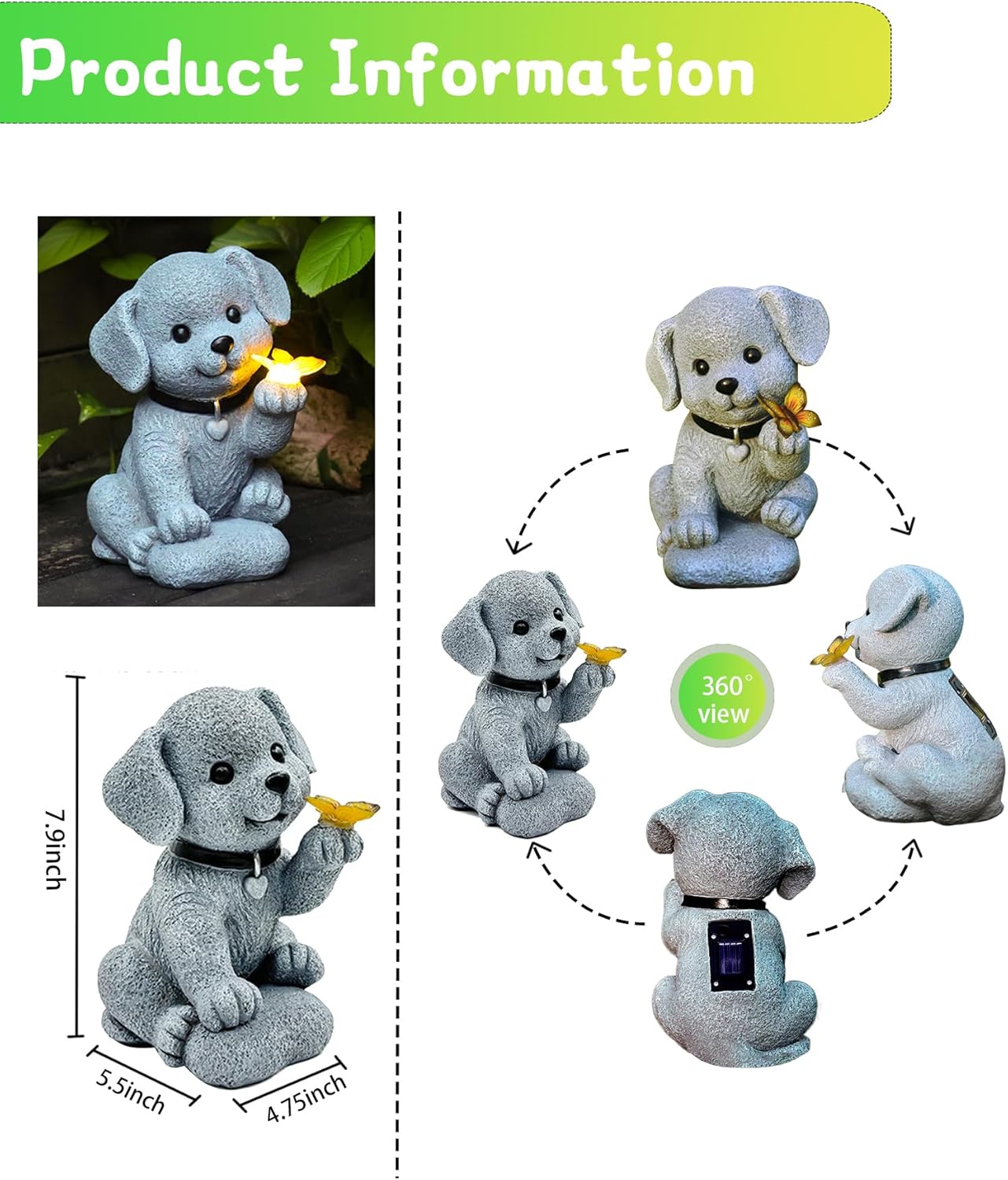 Solar Garden Statue Decor,Animal Solar Lights Outdoor Waterproof,Solar Garden Decorative Lawn Patio, Balcony, Yard Ornament Unique Housewarming Gifts (Dog Butterfly)