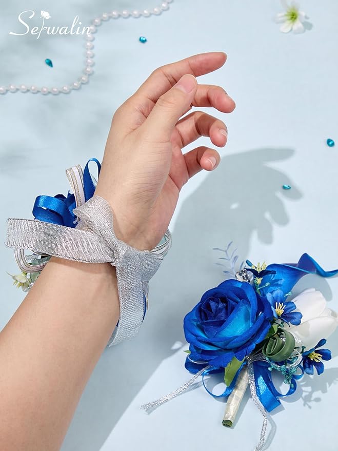 Serwalin Blue Prom Corsage and Boutonniere Set, Artificial Calla Lily & Rose Wrist Corsage Wristlet for Homecoming, Formal Dance, Wedding Flowers Accessories Party Suit Decorations