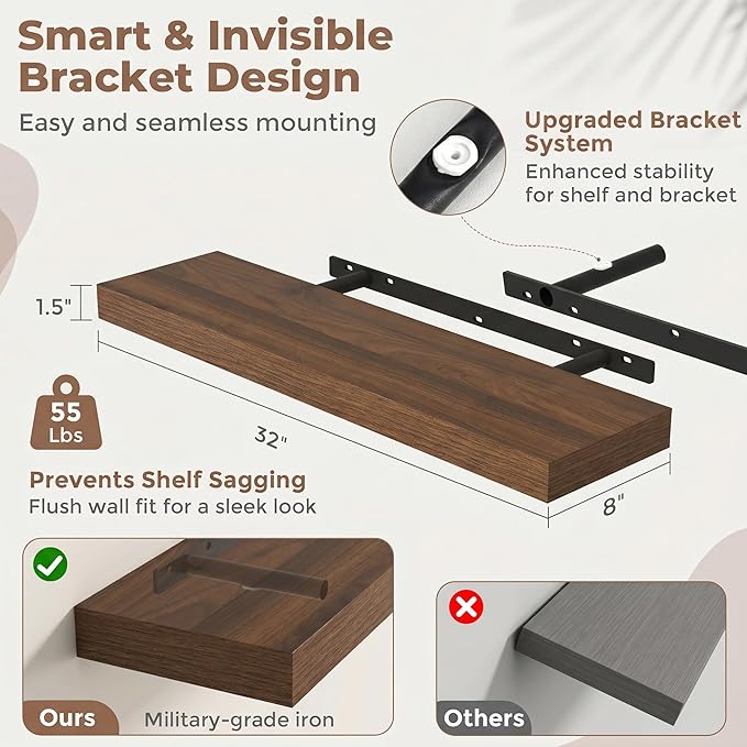 32 Inch Floating Shelves for Wall, 8"D Wood Storage Shelves, Walnut Finish | Engineered Wood, Invisible Bracket, Large Storage, Easy Install, Hold Up to 55lbs, Living Room, Bathroom, Bedroom, Kitchen