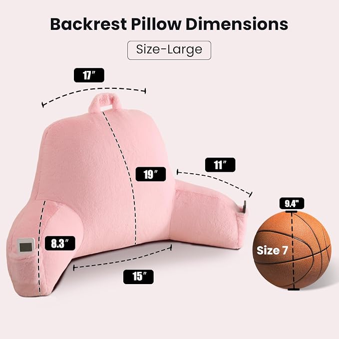 Large Plush Backrest Pillow for Sitting in Bed,Faux Fur,White | 19" Back Pillow with Arms Supports Adults,College Students,Elbows & Forearms for Dorm Reading,Gaming,Watching TV