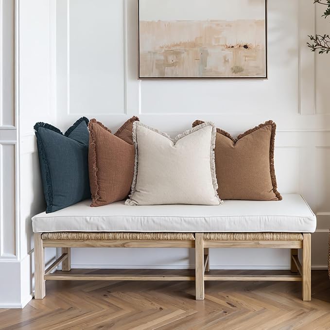 MIULEE Decorative Couch Pillow Covers Neutral Linen Fringe Throw Pillows Set of 4 Modern Rustic Cushions Boho Farmhouse Pillowcases for Bed Sofa Living Room Spring Decor 22x22 Inch Beige/Brown/Blue