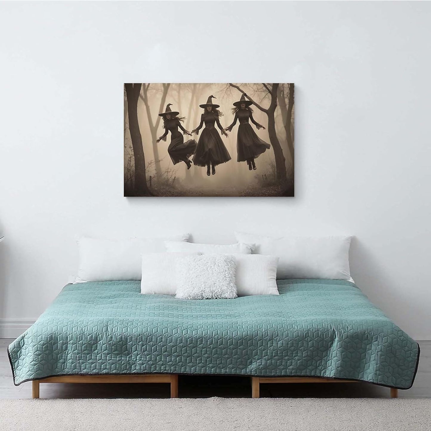 Three ghost witches flying in vintage forest gothic wall art witchcraft decoration holiday gift canvas wall art print8x12in Wood Framed