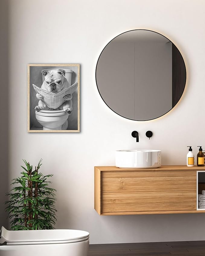 UPWOIGH Funny French Bulldog Oak Framed Canvas Wall Art, 12x16in Black and White Bathroom Humor Print, Modern Minimalist Dog Poster Wall Decor for Restroom or Kids Room, Funny Dog Lovers Gift,1Pack