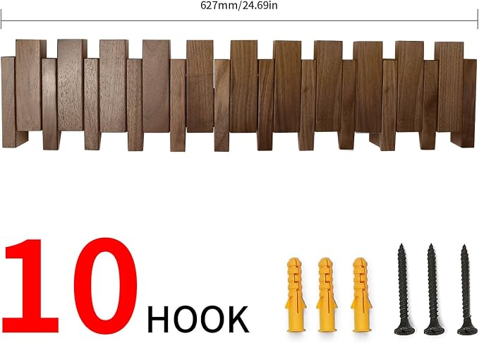 Wooden Coat Rack Hanger Wall Mount with 10 Hooks Wall Mounted Coat Rack Coat Rack Wall Mount Made of Walnut Wood