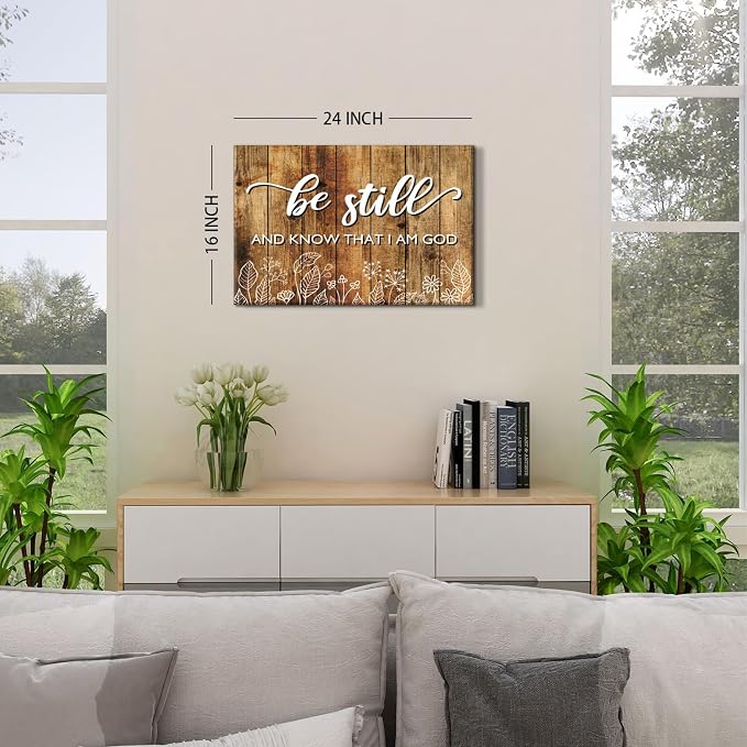 Rustic Country Brown Bible Verse Wall Art Be Still and Know That I Am God Christian Picture Inspirational Canvas Prints Boho White Plant Scripture Poster for Living Room Office Home Decorations 16x24"