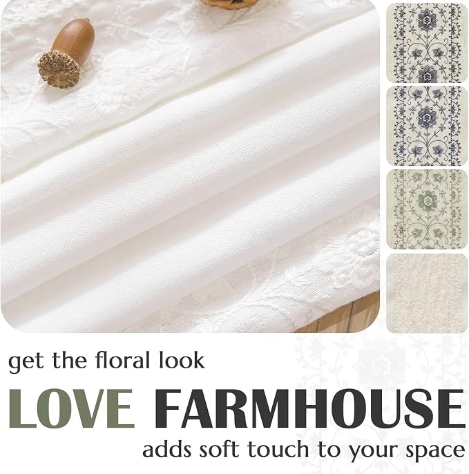 jinchan Weslie White Linen Curtains for Bedroom Vintage Floral Farmhouse Curtains 108 Inches Long Linen Drapes for Living Room Country Embroidered Extra Long Light Filtering Drapes Off White 2 Panels