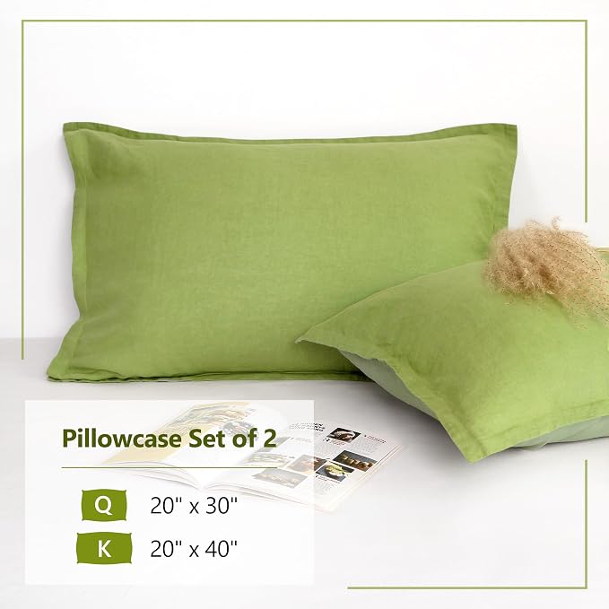 Linen World Linen Pillow Cases 20X40Inch Set of 2,100% French Natural Flax Pillowcase with Envelope Closure-Stone Washed Pillow Shams King Size,Lime Green&Sage Green
