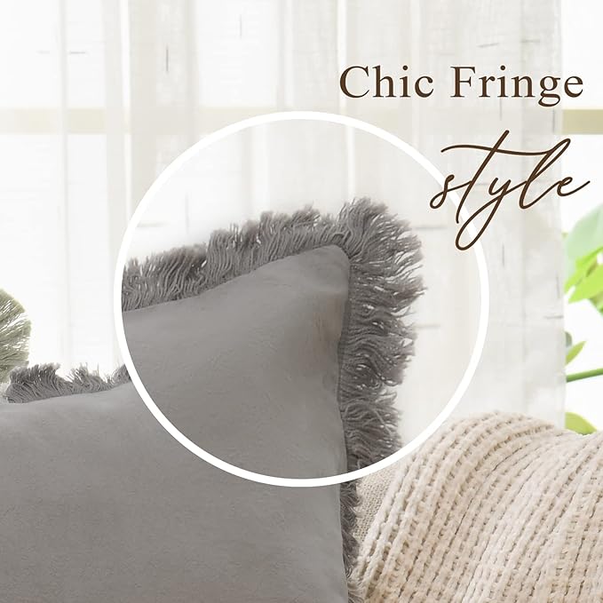 ZWJD Pillow Covers 18x18 Set of 2 Gray Throw Pillow Covers with Fringe Chic Cotton Decorative Pillows Square Cushion Covers for Sofa Couch Bed Living Room Farmhouse Boho Decor