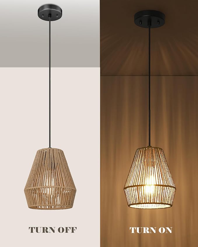 ELYONA Boho Woven Pendant Lights 7” Rustic Rattan Hanging Lamp Adjustable Handwoven Basket Shade, Japandi Pendant Light Fixtures for Kitchen Island, Dining Room, Bedroom, Farmhouse Bar, Foyer Hallway