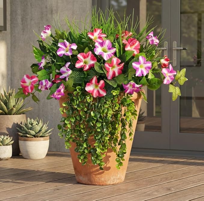 Waipfaru Artificial Plants & Flowers, UV Resistant Fake Plants Artificial Flowers Outdoors, Realistic Faux Petunias Fake Hanging Plants for Home Outside Garden Balcony (10 Bundle Fuchsia Lotus)