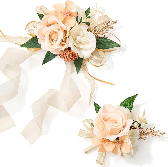 Alecono Champagne Corsage and Boutonniere Set, Corsages for Bride Bridesmaid Groom Bridegroom, Artificial Flowers for Prom Graduation Ceremony Anniversary