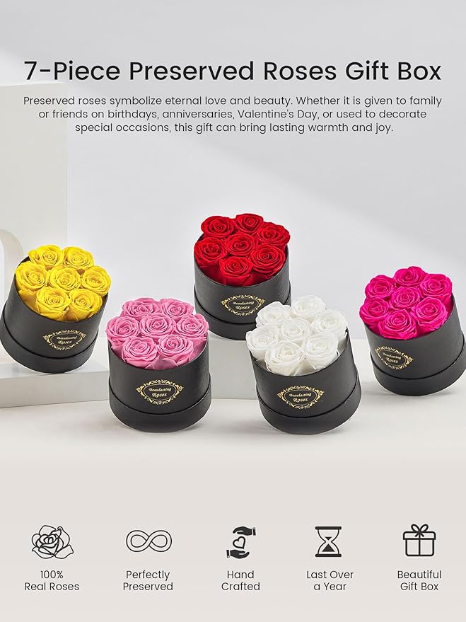 Beaulasting Long Lasting Preserved Roses in a Box Last a Year Forever Flowers for Her Mom Wife Anniversary Birthday (Round Black Box, Yellow)