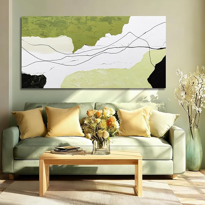 Dolidoteart Green White Black Canvas Wall Art, Hand Painted Abstract Oil Painting, Large Modern Wall Decor for Living Room Bedroom Office, Horizontal 24x48 Inch