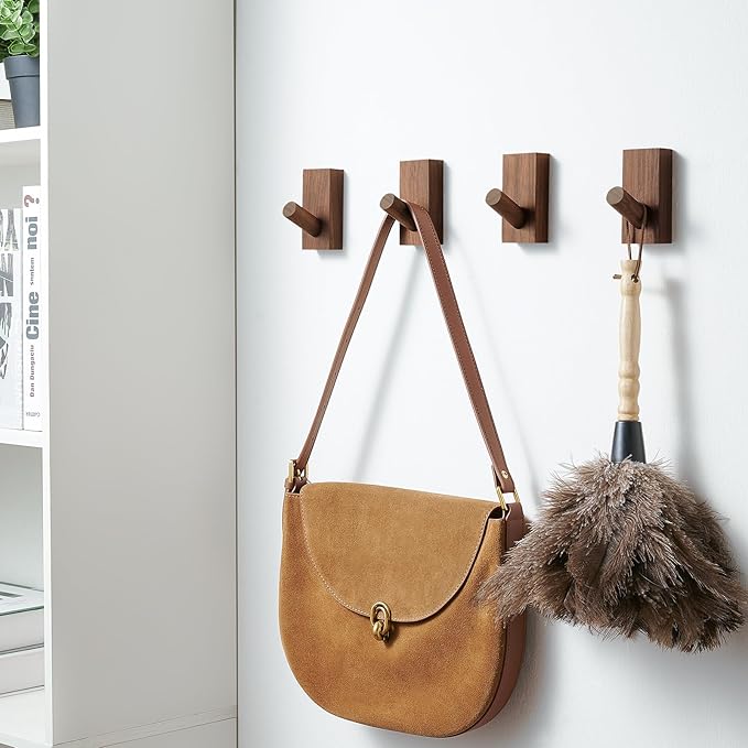 Felidio Natural Wooden Wall Hooks, Adhesive & Screw Mount Coat and Towel Hooks - Decorative Key Holder, Hat Rack, Stocking Wall Hangers for Bathroom Entryway Closet - 4 Pack, Walnut Wood
