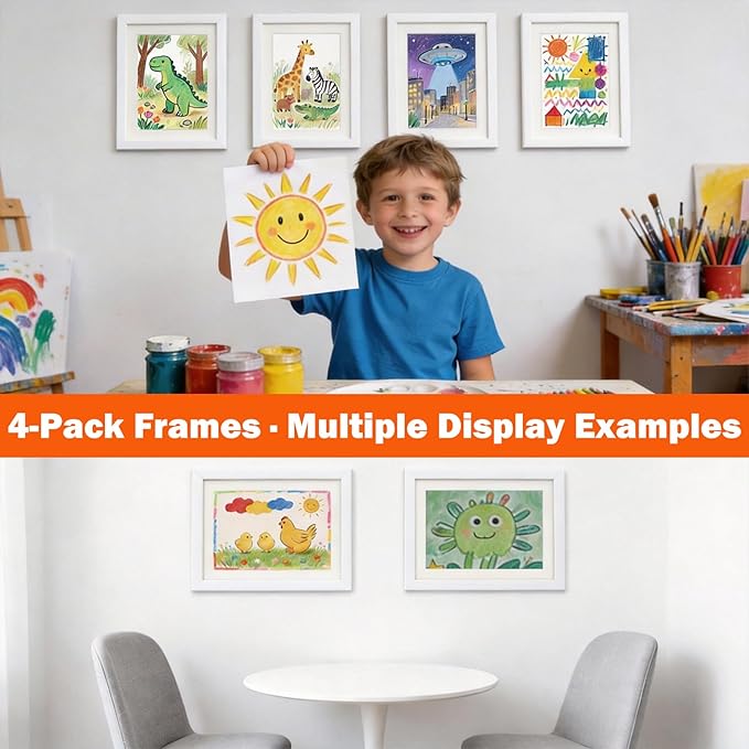 Kids Art Frames 8.5x11, 4-Pack Front Opening Changeable Picture Frames for Kids Artwork, Holds 150 Pieces Each, Artwork Storage and Wall Display Frame for Drawings, Portfolio, White