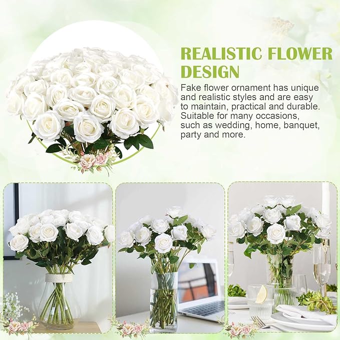 Rowfad 60 Pcs Artificial Roses Bulk Velvet Silk White Roses White Roses for Wedding Centerpieces Bridal Bouquet Mohter's Day Valentine's Day Home Decor (60, White)