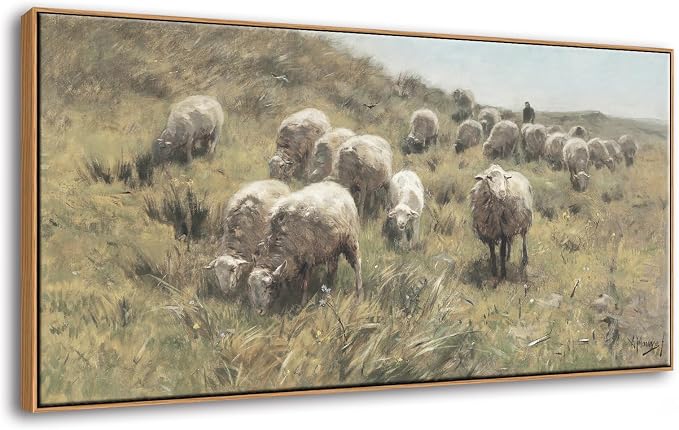 DJSYLIFE Farmhouse Sheep Framed Wall Art, Countryside Landscape | 20x40 Inch Canvas Print, Shepherd & Flock on Dunes, Ready to Hang, Pastoral Scene, Above Sofa for Living Room