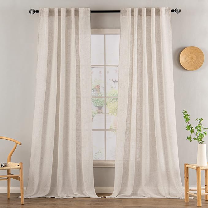 MIULEE Natural White Linen Curtains 92 Inch Length 2 Panels for Bedroom Living Room, Soft Thick Linen Textured Window Drapes Semi Sheer Light Filtering Back Tab Rod Pocket Burlap Look Decor