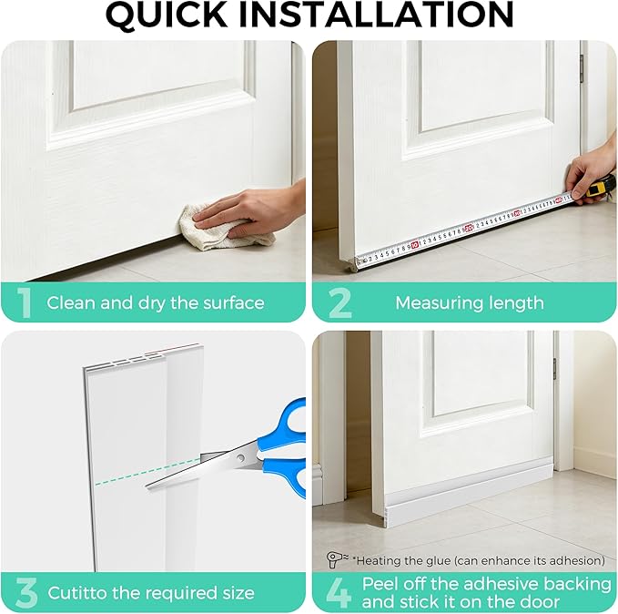 Hojoy 4 Pack Under Door Draft Stopper, Adjustable Door Sweep Anti-Collision Strong Adhesive Weather Stripping Tape Soundproof Draught Stoppers 2" W x 39" L, White