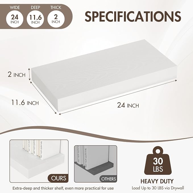Acovy 24 Inch Floating Shelves, 12" Deep Floating Shelf Wall Mounted, 24" Wall Shelves, Rustic Deep Bookshelf, Extra Deeper & Thicker Display Shelves for Bedroom, Living Room, White, Set of 2