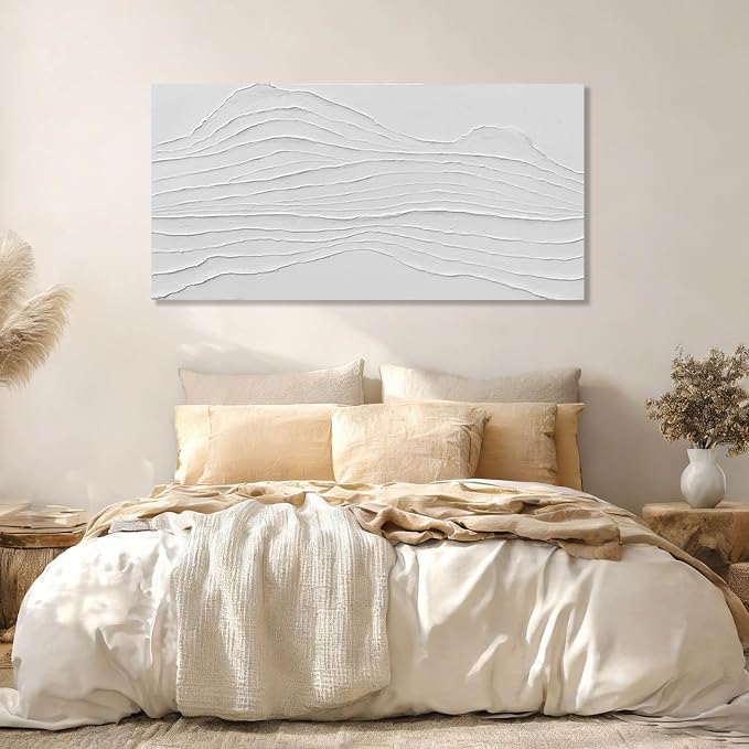 GAIDUOMAI White Canvas Wall Art Abstract Textured Painting Line Pictures Wall Decor Hand Painted Modern Wall Art for Living Room Dining Room Kitechen 24x48 Inch