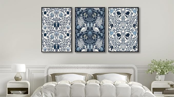 Large Framed Canvas Wall Art - Navy Blue Pictures William Morris Style for Living Room Bird Flower Prints Boho Wall Decor for Bedroom Dining Room Black Float Frame 16" X 24" X 3 Pieces