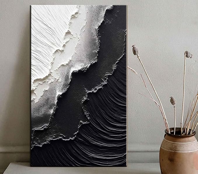 YaSheng Art - Vertical Wall Art Texture Abstract Oil Painting ,Hand Painted sea wave Black and White Wall Art Minimalist modern Art Paintings,, Home Living room Room Dining Room Bedroom Wall Decorative Art Oil Painting 30x60inch