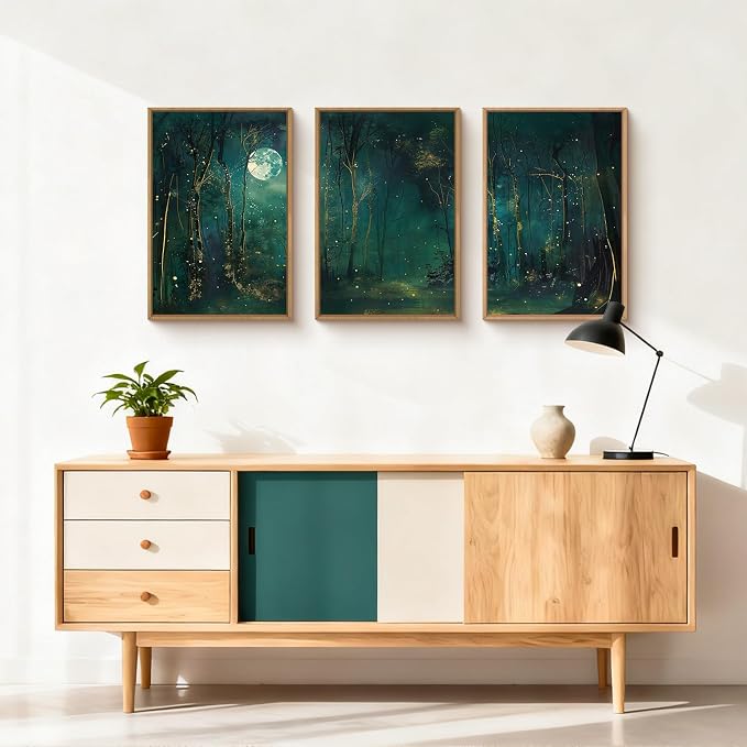 Large Vintage Moon and Star Forest Framed Canvas Wall Art,Mystical Night Sky Scenery Wall Decor,Moody Tree Landscape Artwork,Magical Midnight Art Print for Living Room,Bedroom,Office- 24"x36"x3