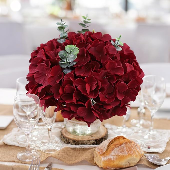 AVIVIHO 65Pcs Fake Flowers Burgundy Hydrangea Artificial Flowers Bulk (Not Squished, No Steaming Need) Silk Flowers with Stems for Wedding Decor,Home,Baby Shower,Table Centerpieces Decoration