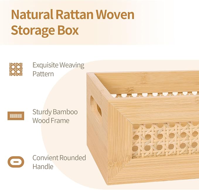 Wooden Storage Basket Set of 2 Handmade Rattan Drawer Storage Box with Frame & Handles Decorative Natural Bamboo Woven Bins Rustic Farmhouse Decor Home Office Tabletop Shelf Organizer, NAtural
