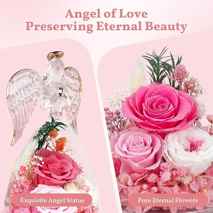 TranquilBliss Gifts for Mom, Flowers for Mother’s Day, Preserved Rose in Glass Dome with Light, Angel Figurines for Her Birthday, Valentine’s Day for Wife, Grandma, Women - Pink