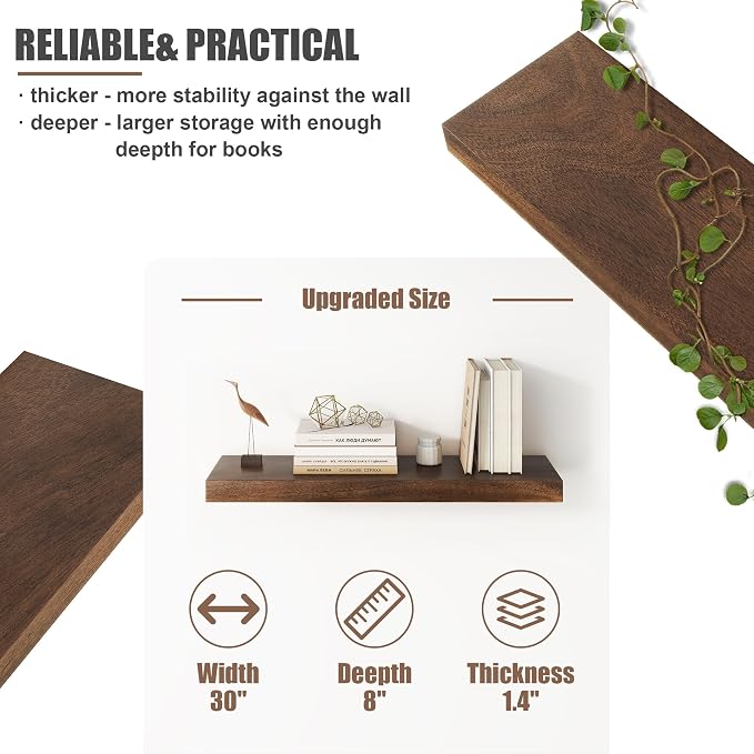 Floating Shelves for Wall, USA-Sourced Walnut Wood 30 Inch Wall Shelves Set of 2, Natural Wooden Mounted Picture Ledge Shelf, Nursery Book Storage Shelf Kids Bookshelf Display, Shelf for Bathroom