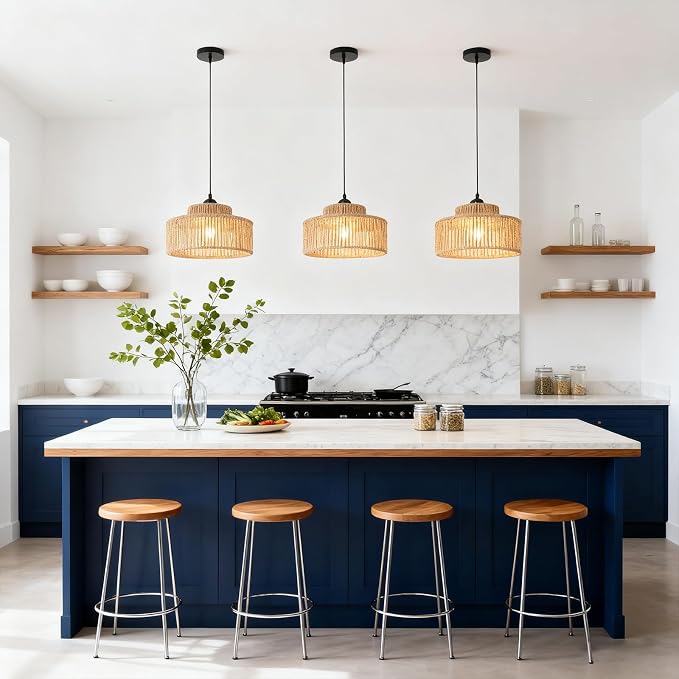 Rattan Pendant Light,11 Inch Boho Kitchen Island light Fixtures,Handmade Woven Hanging Lamp,Wicker Small Chandelier,Coastal Hanging Lights for Bedroom Kitchen Living Room Hallway Restaurant Foyer