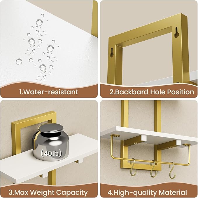 Creso hom Floating Shelves, 15" Wall Shelf Set of 2, Hanging Bathroom Shelves 2-Tier, Wall Mounted Storage Shelves, for Living Room Bedroom Bathroom Kitchen Office Coffee Bar, White and Gold