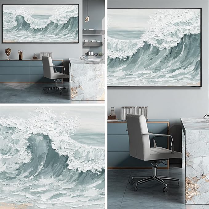 Large Framed Green Giant Waves Abstract Ocean Nature Wall Art Modern Neutral Wall Decor Canvas Print Textured White Painting Pictures for Living Room Bedroom Home 29"x58"