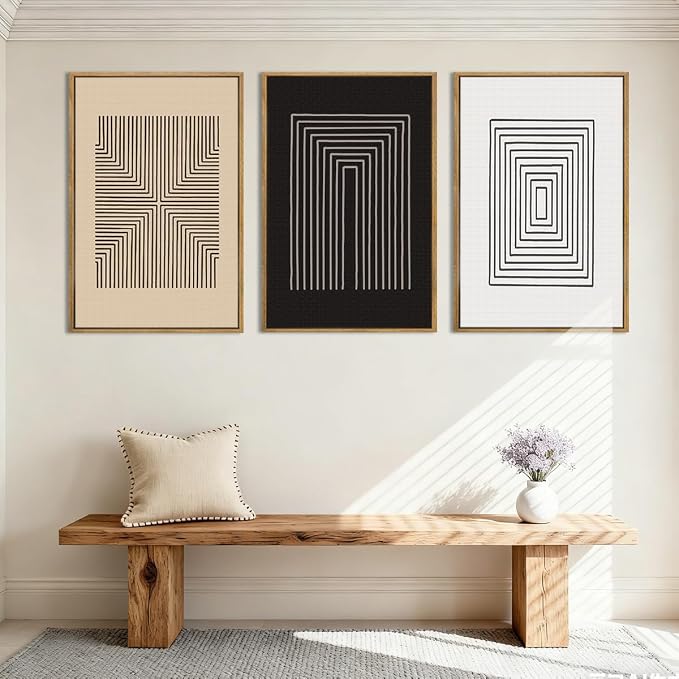 Anyzal Large Black Abstract Wall Art Framed16x24 Inch Brown and White Modern Minimalist Canvas Wall Decor Neutral Textured Art Prints for Living Room Bedroom Office Set of 3